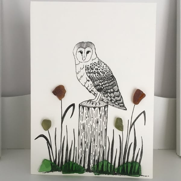 Cornish Sea glass ‘Owl’ hand drawn  card