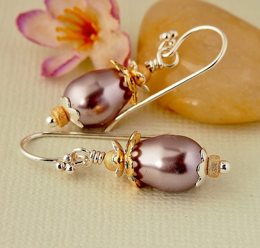 Dusky Mauve Drop Pearl Earrings - Sterling Silver - Gold