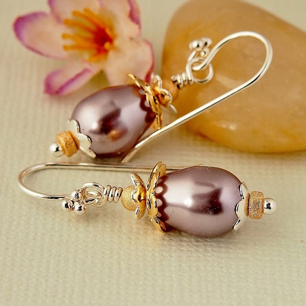 Dusky Mauve Drop Pearl Earrings - Sterling Silver - Gold