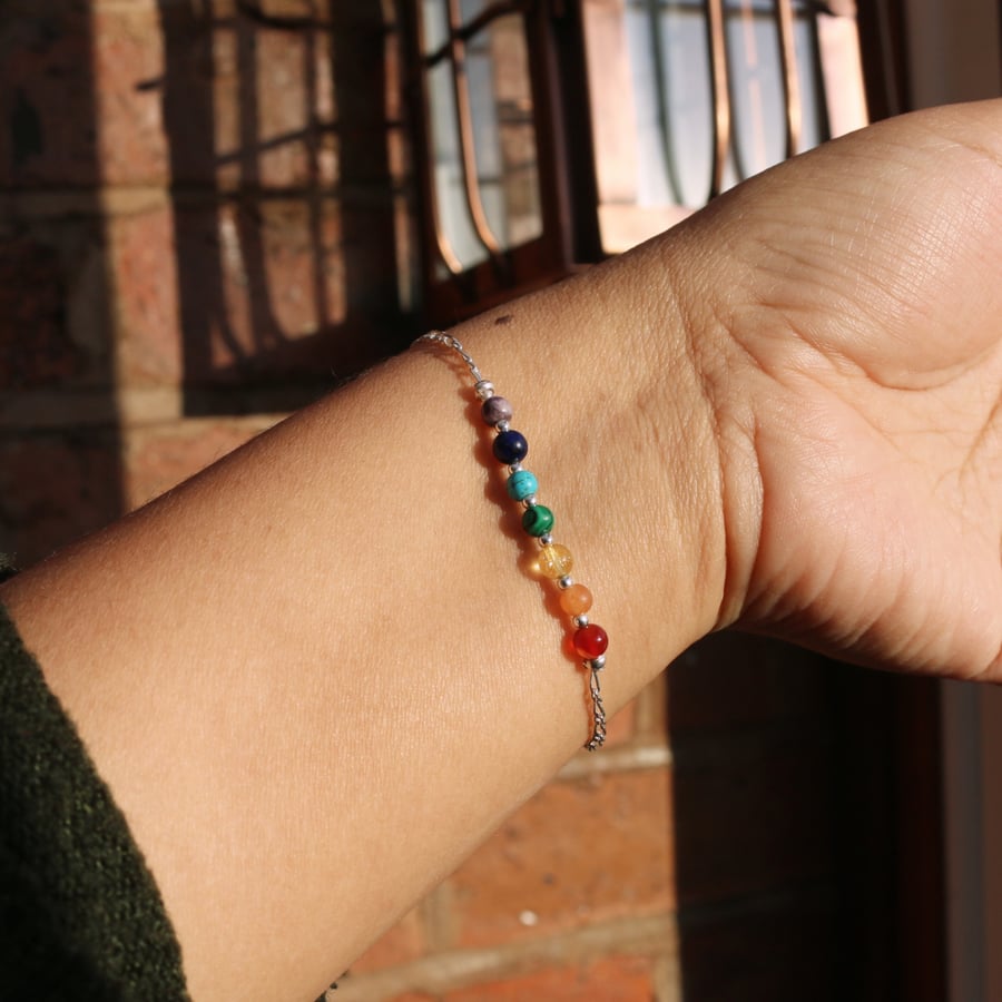 Peruvian silver bracelet with 7 gemstones. Chakra stones bracelet.