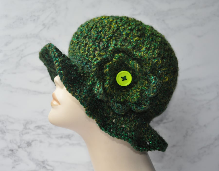 Hand Crocheted 1920s Flapper Hat Beanie Green Sparkle Crochet Flower Free Post