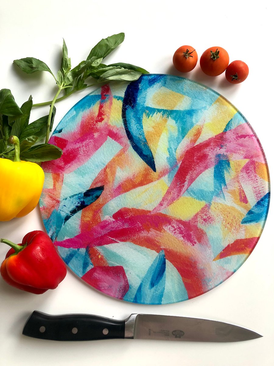 Multicolour Glass Chopping Board, Original Abstract Design, Circle or Rectangle 