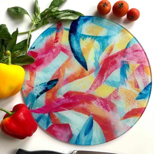 Multicolour Glass Chopping Board, Original Abstract Design, Circle or Rectangle 