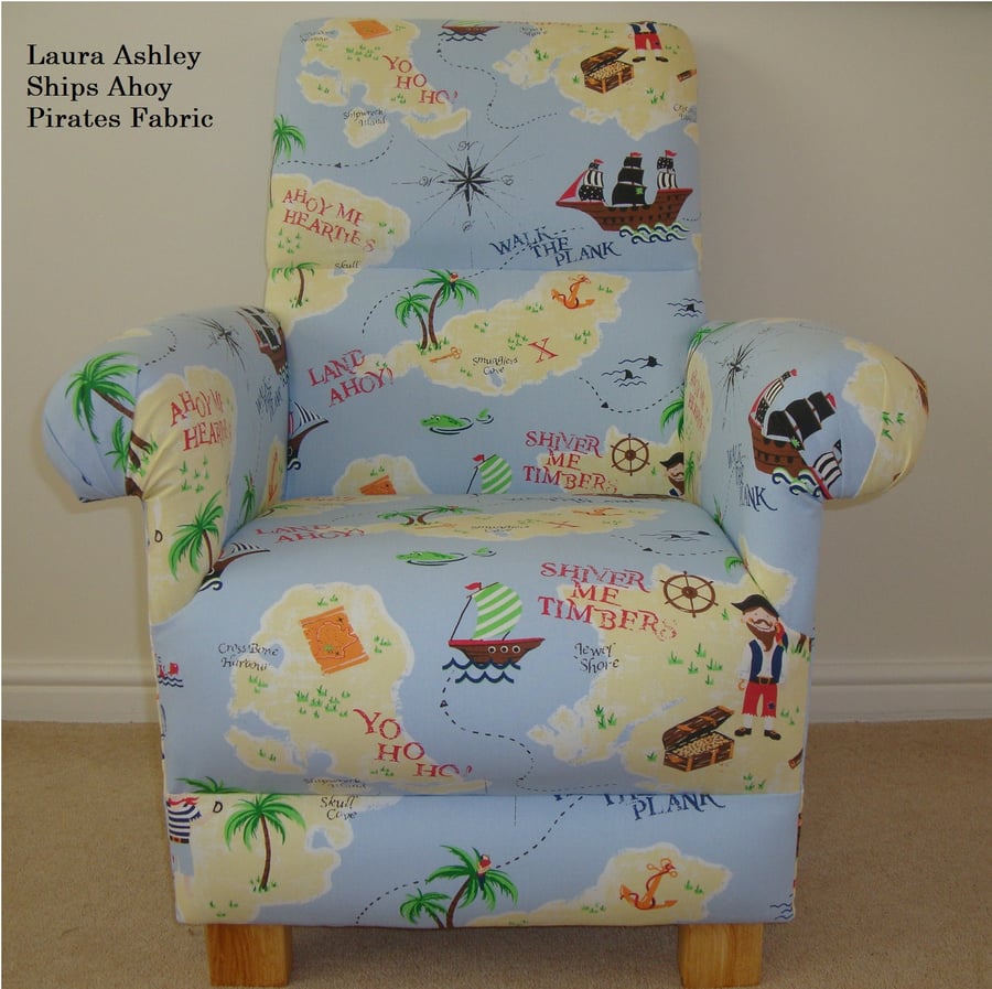 Laura Ashley Treasure Island Fabric Adult Chair Pirates Blue Ships Nursery New