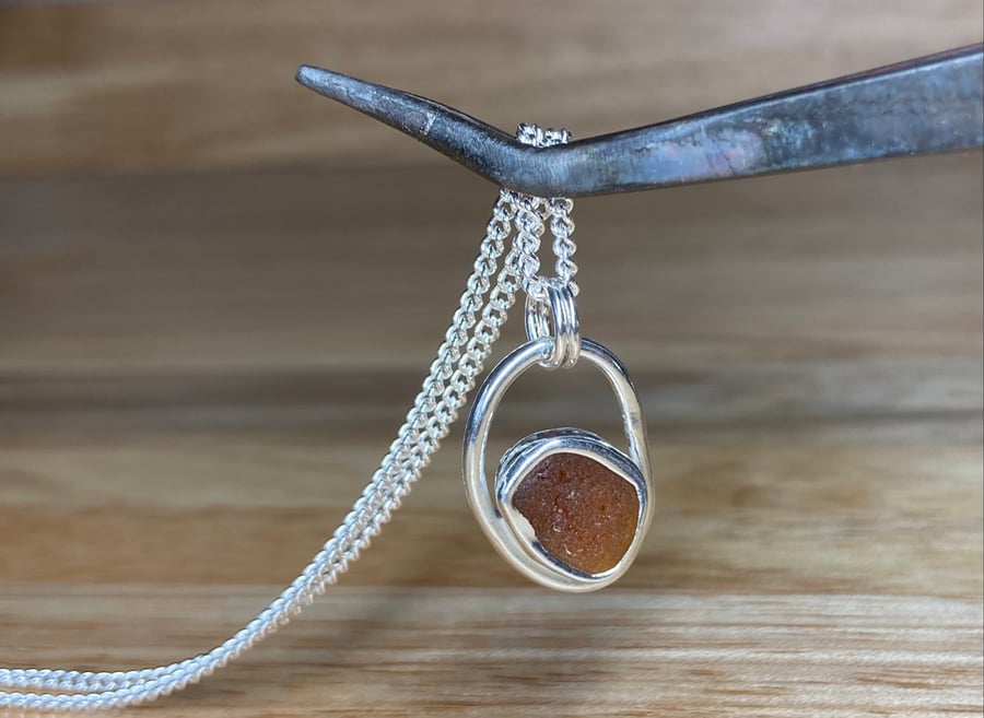 Handmade Sterling Silver Pendant & Dark Amber Welsh Sea Glass & Silver Chain 