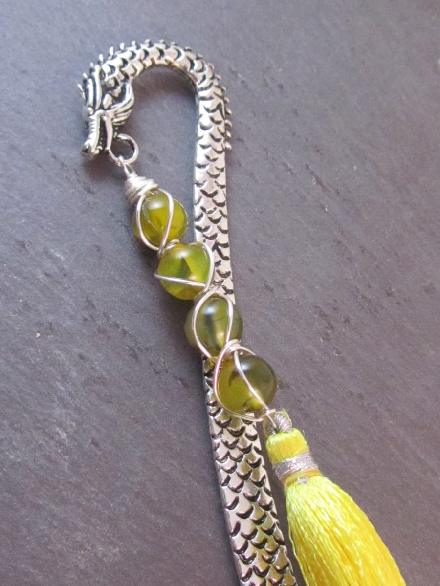 Yellow Agate Dragon Bookmark, Wire Wrapped Bookmark