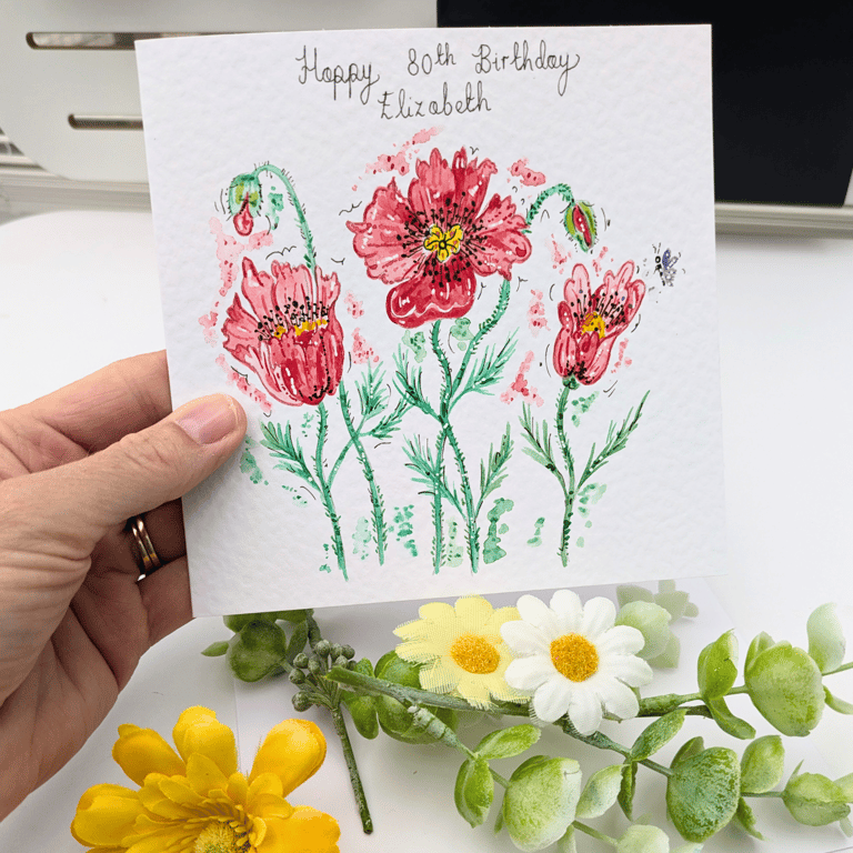 Poppy hand-painted personalised greetings card, poppy birthday card