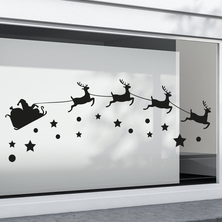 Christmas Santa's Sleight Window Shop Sticker Winter Window Display Reindeer