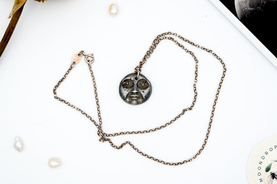 Solid Fine Recycled Silver Moon Face Necklace With Citrine Eyes 