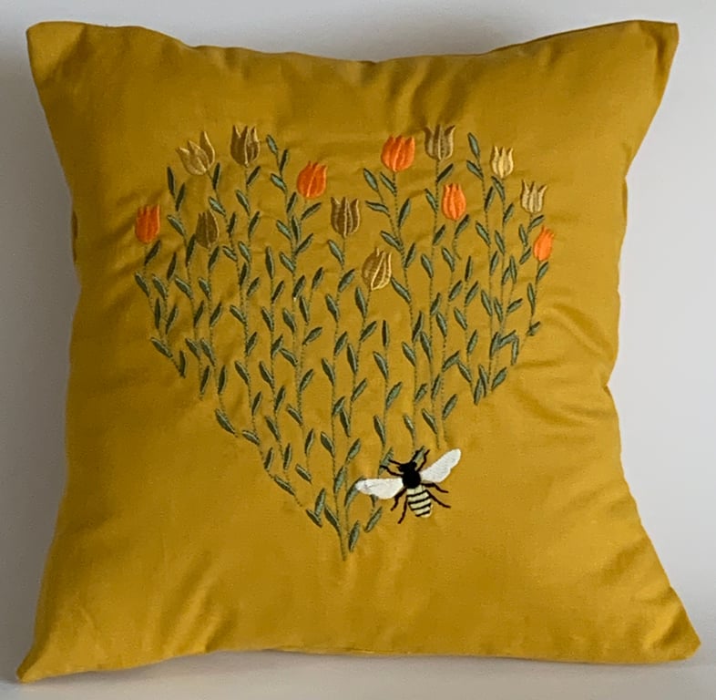 Gold Bee Heart Embroidered Cushion Cover 18”x18”, Gift Idea