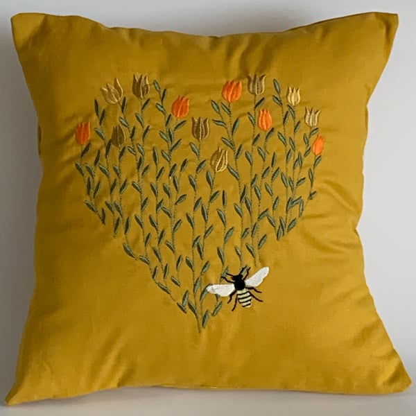 Gold Bee Heart Embroidered Cushion Cover