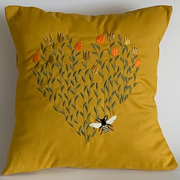 Gold Bee Heart Embroidered Cushion Cover 12”x12”, Gift Idea