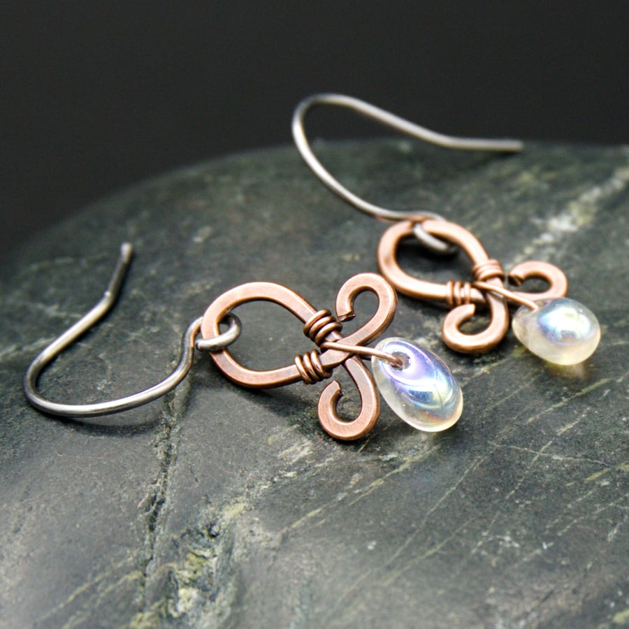 Hammered Copper Wire Earrings with Crystal AB Glass Drops
