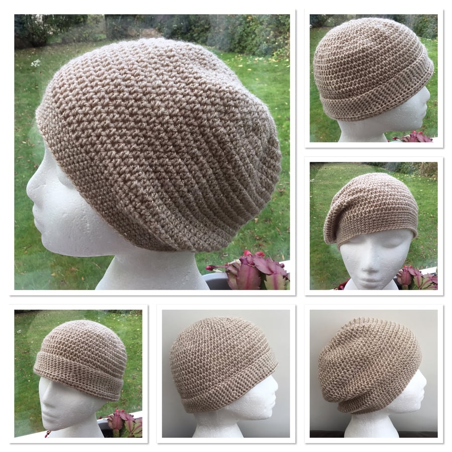 Golden Sparkle! Crocheted Soft Beret, Beanie or Slouchy Hat with Twinkle Yarn.