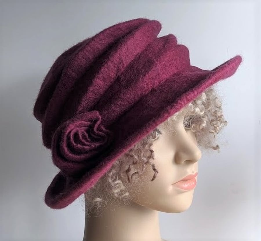 Elderberry felted wool hat - 'The Crush' - designed to pack flat