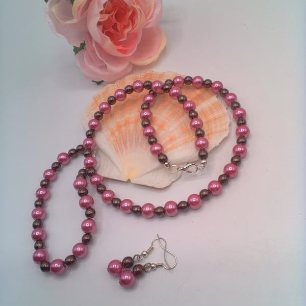 Fuchsia Pink and Chocolate Pearl Necklace Bracelet and Earrings, Gift for Her