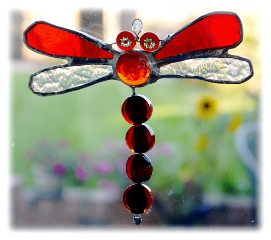 Dragonfly Suncatcher Stained Glass Red Bead-Tailed  