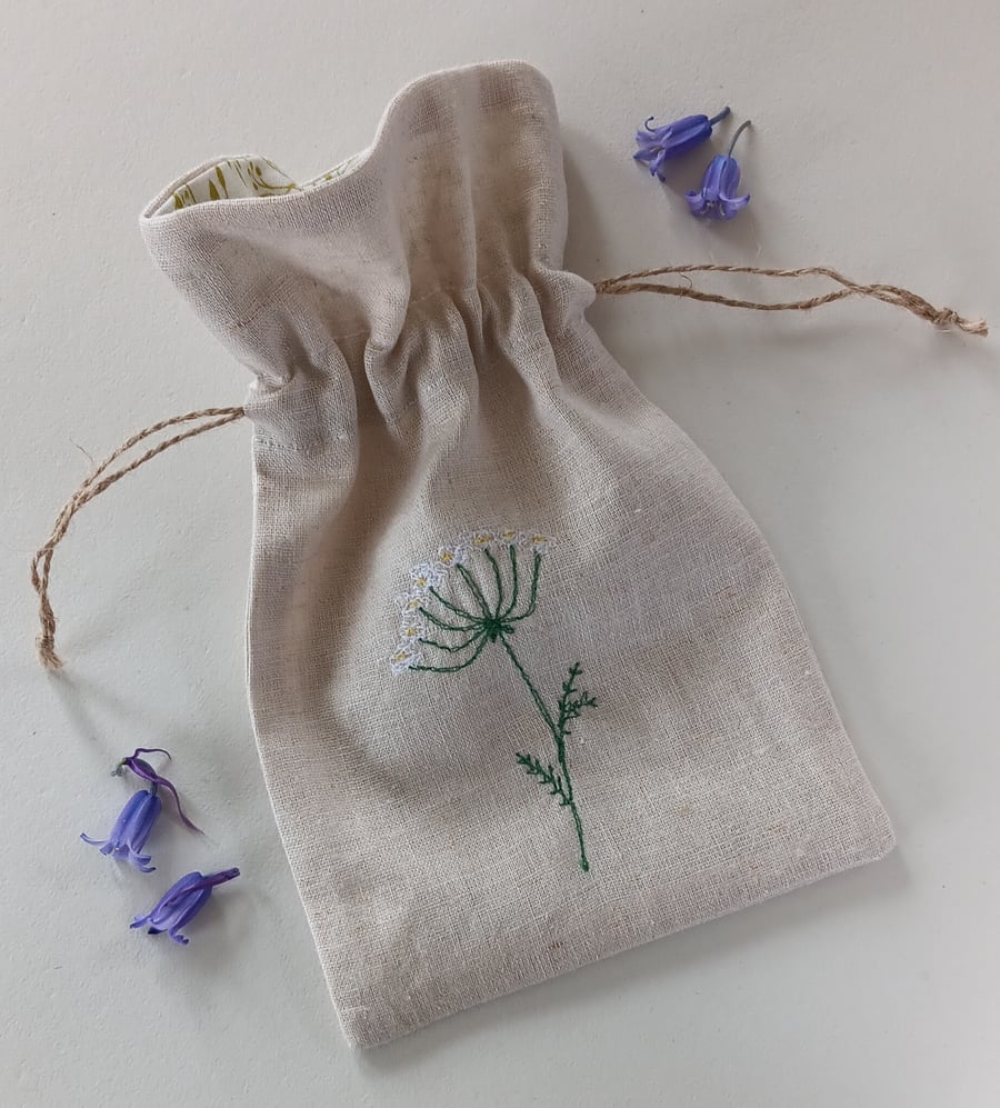 Cow Parsley Embroidered Linen Drawstring Gift Bag