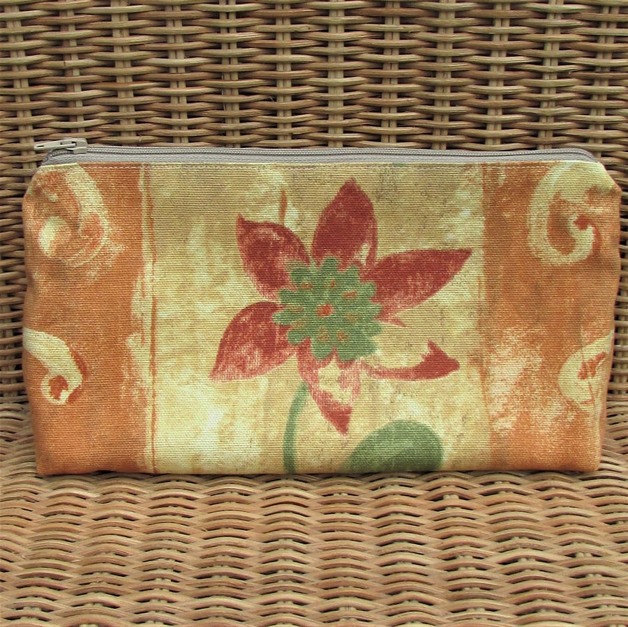 Cosmetic bag, make up bag - sandy beige and terracotta with red and green flower