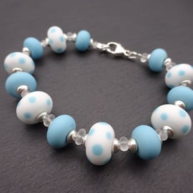 lampwork glass beaded bracelet, white and blue polka dot