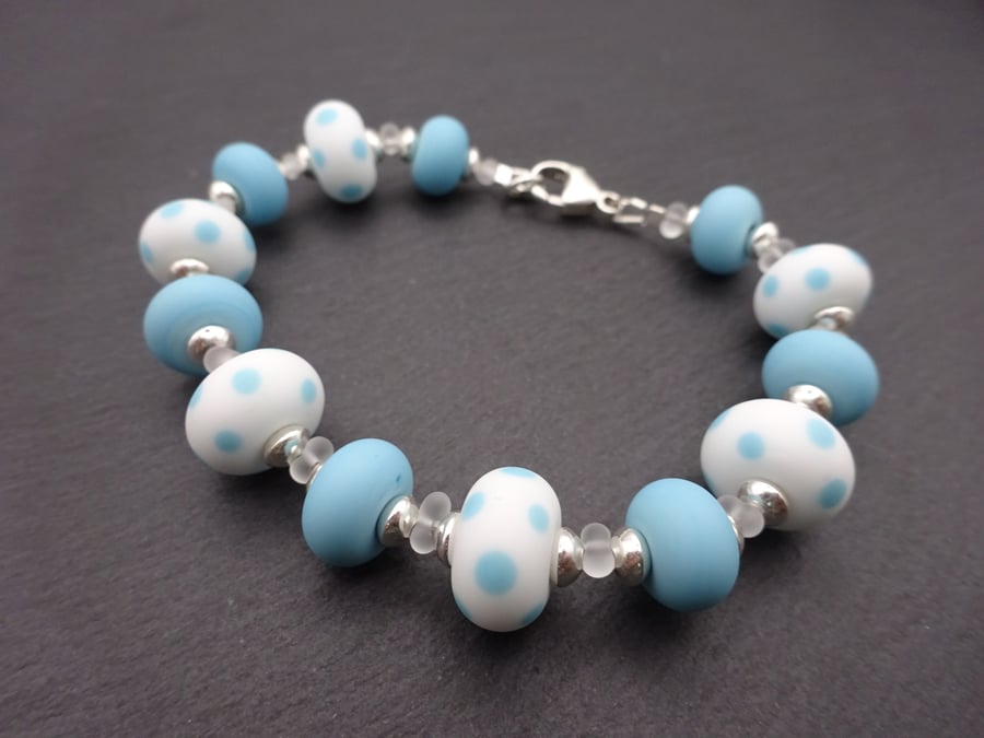lampwork glass beaded bracelet, white and blue polka dot