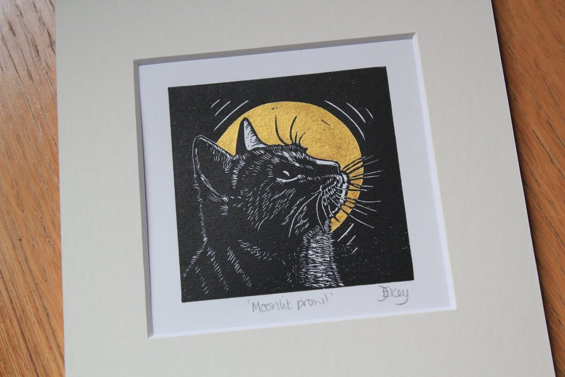 Moonlit prowl - original, hand painted, mounted linocut print of a cat and moon