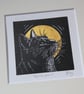 Moonlit prowl - original, hand painted, mounted linocut print of a cat and moon