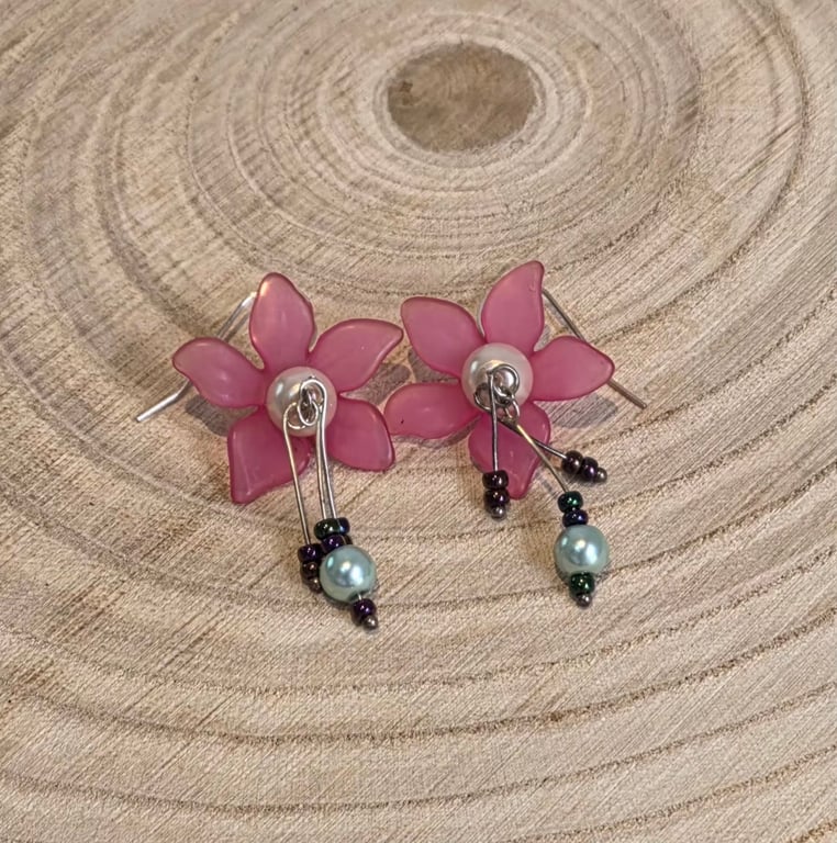 Sterling silver pink floral earrings, boho jewellery, gift for her (EAR-0006)
