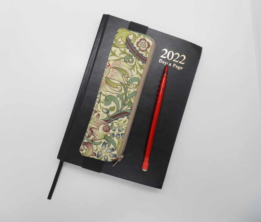 Pencil case elasticated attach to a diary journal notebook Golden Lily fabric