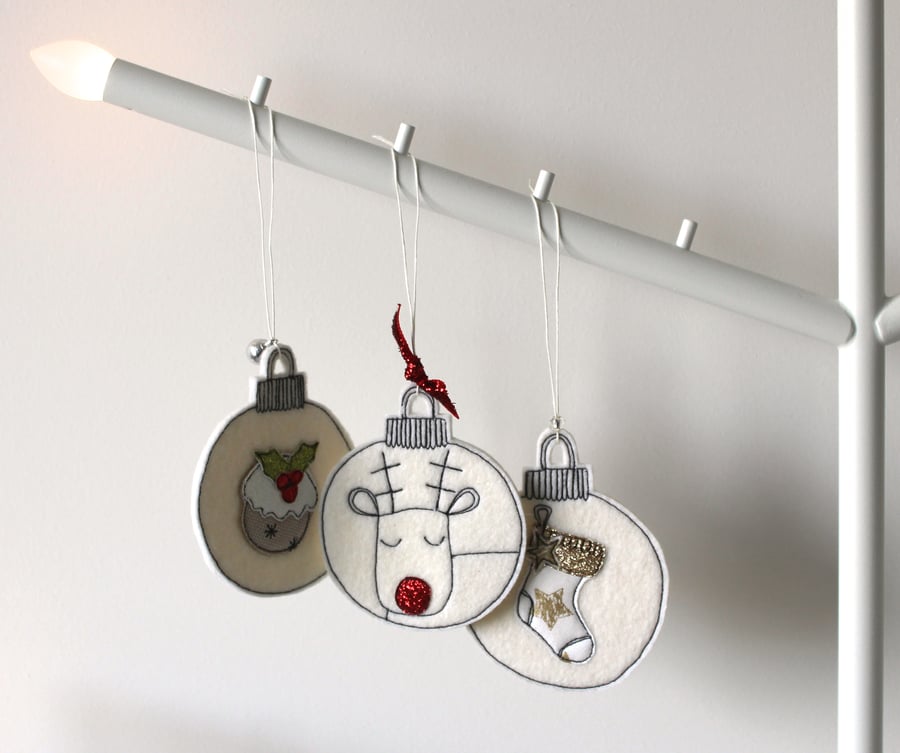 Three Wool Felt Christmas Baubles - Hanging Decorations