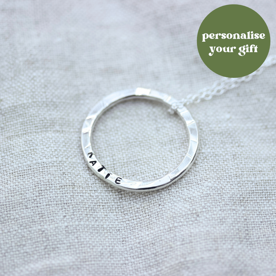  Silver Personalised Hammered Circle Name Pendant, Keepsake Gift, 