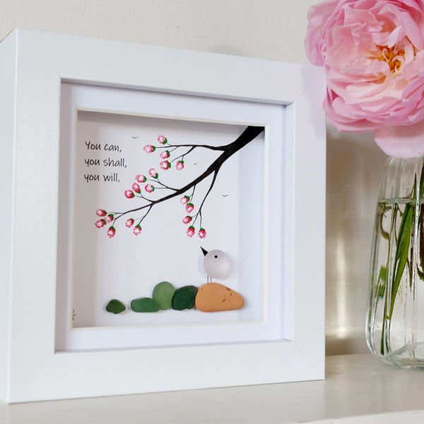 Sea Glass Bird Picture - Framed Beach Glass Positive Affirmation Friendship Gift