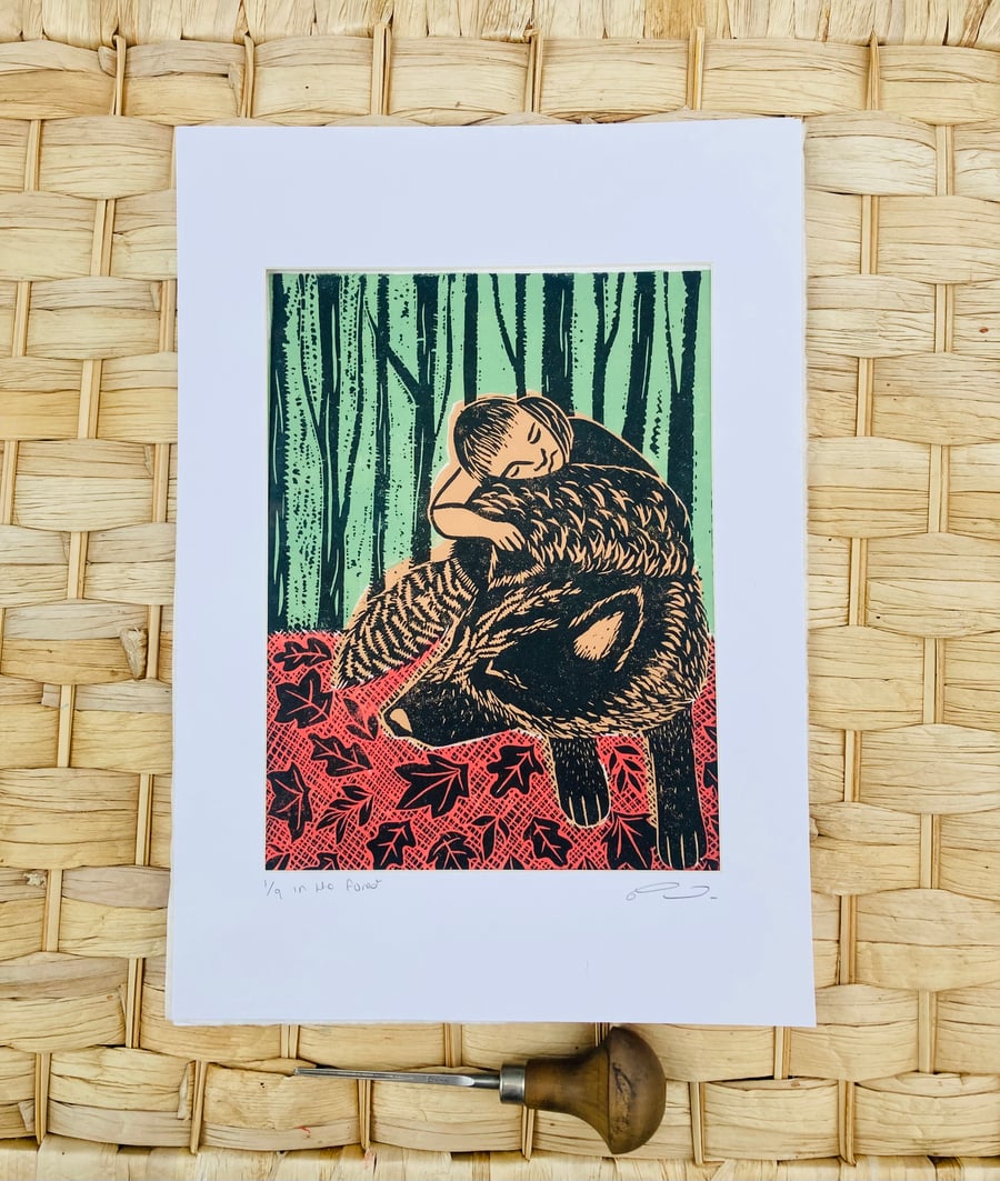 Dog and child in the forest, forest print, dog and child print 