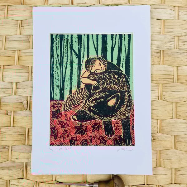 Dog and child in the forest, forest print, dog and child print 