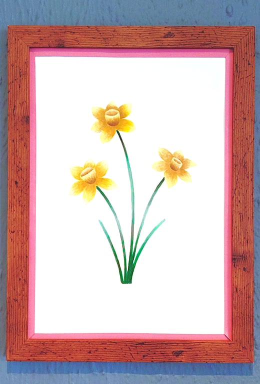 A3 Size Framed Print Painting Daffodils Flowers Colourful Pink Border Gift 