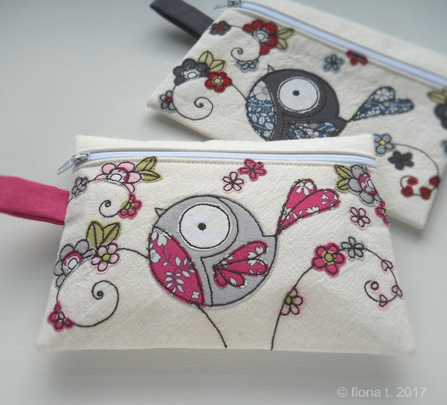 freemotion embroidered floral bird small case or purse - pink