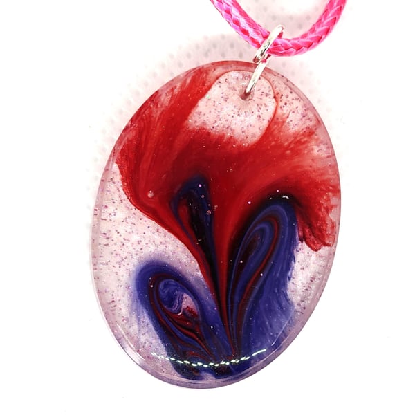 Red and Blue Swirl Resin Pendant Necklace: Abstract Art Jewelry