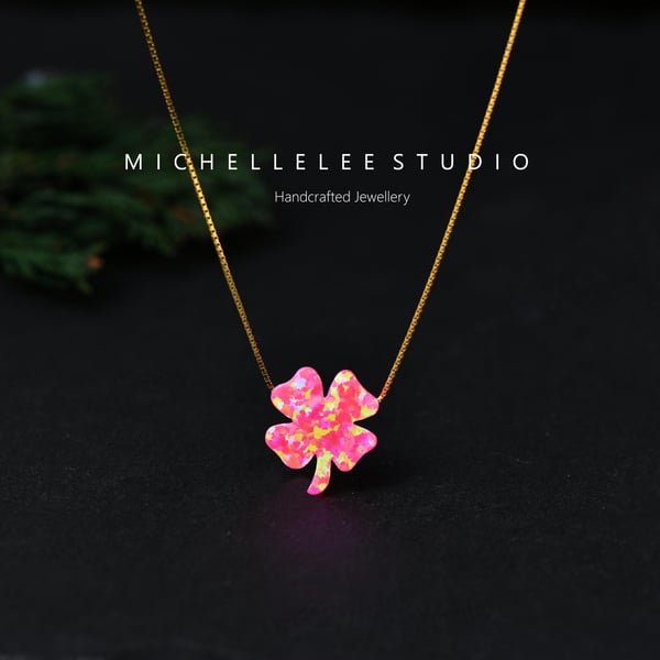 Pink Opal Clover Necklace With 925 Sterling Silver Chain