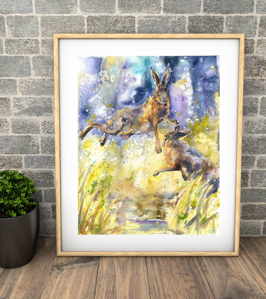 BOXING HARES print from original Watercolour painting by Naomi Neale 2 sizes