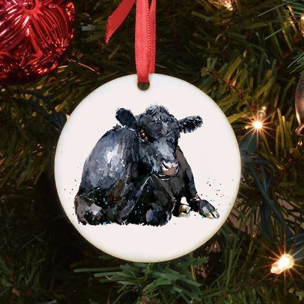 Aberdeen Angus - Cow Art Tree Decoration. Aberdeen angus Xmas Tree Decoration, A