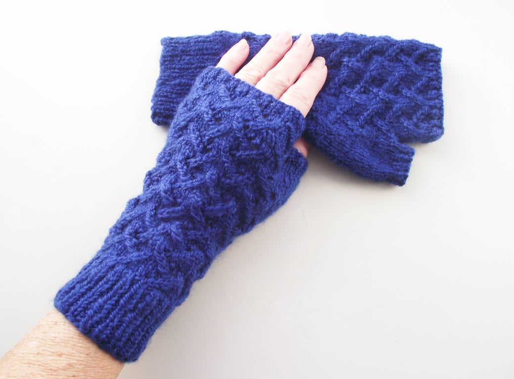 Blue Fingerless Gloves, Handspun Knitted Merino Wool, Texting Wristwarmers