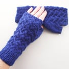 Blue Fingerless Gloves, Handspun Knitted Merino Wool, Texting Wristwarmers