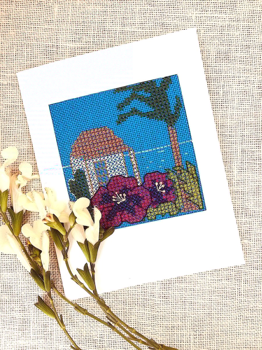 Sale....Cross Stitch Tropical Card
