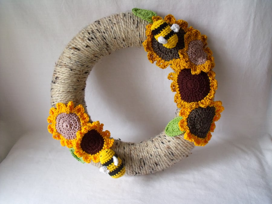 autumnal sunflower crocheted wreath with bees