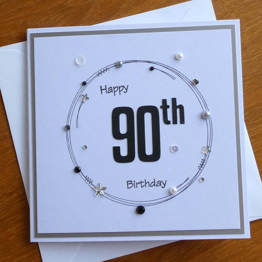 90th Birthday Card - Silver Wreath Design 