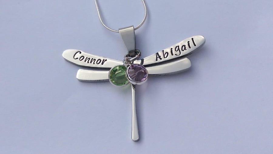 Hand Stamped personalised dragonfly name necklace