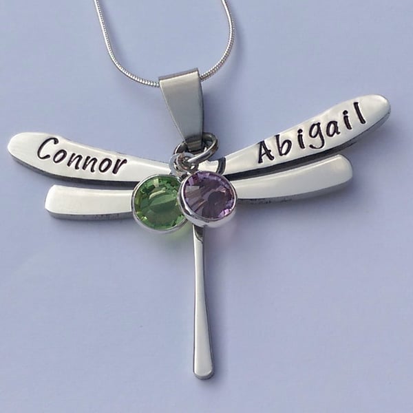 Hand Stamped personalised dragonfly name necklace