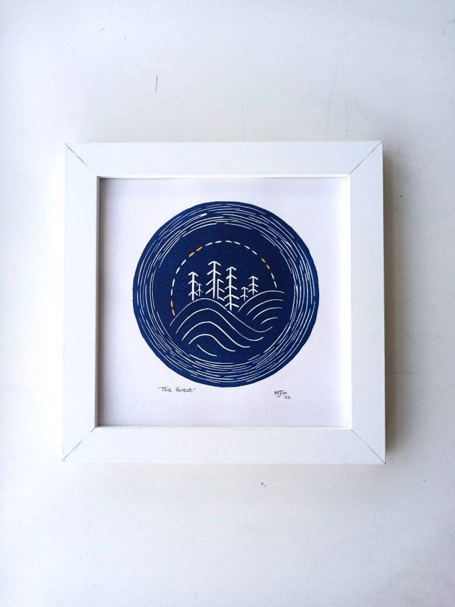 Handprinted ECO Linoprint Forest Tree Camping Linocut Outdoors Night Print Decor