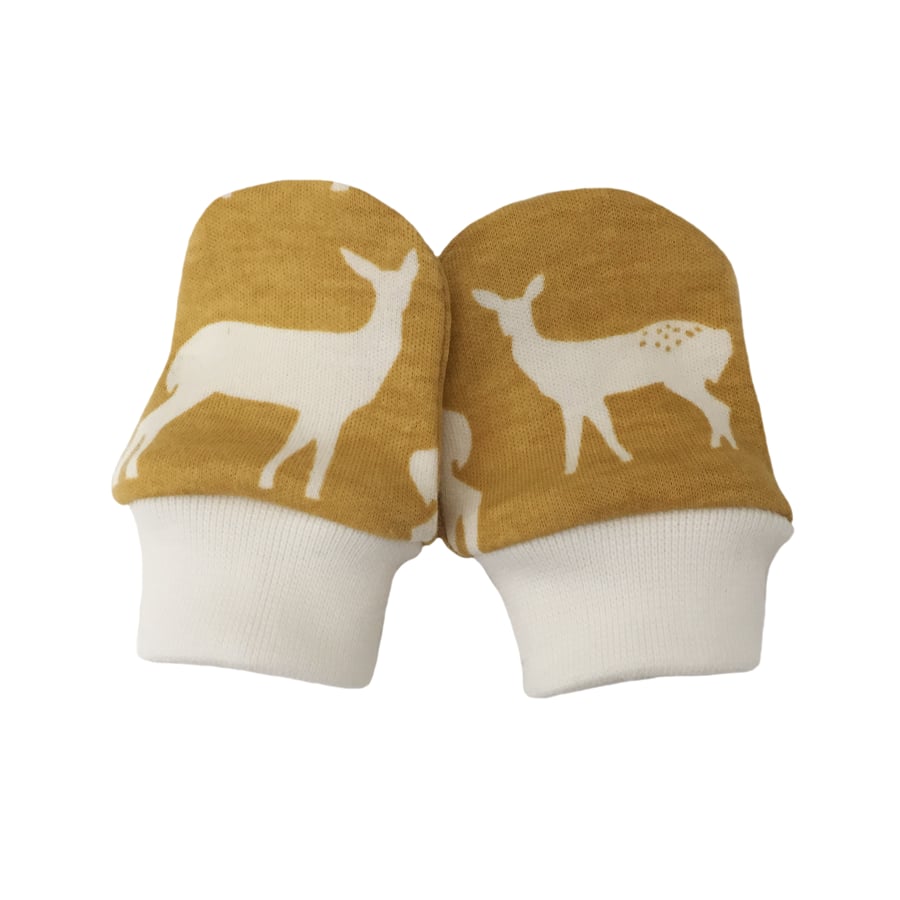 ORGANIC Baby SCRATCH MITTENS in SUN YELLOW ELK FAMILY  A New Baby Gift Idea