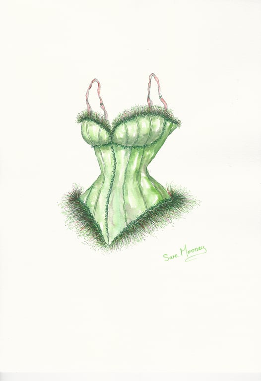 Corset watercolour painting in emerald green 